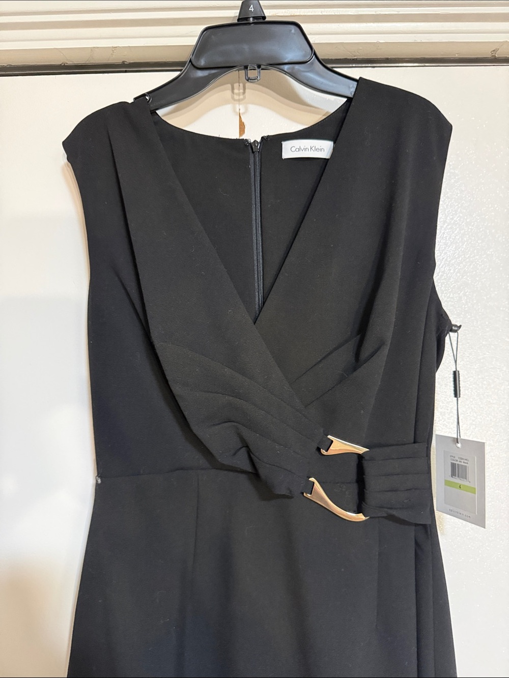 Calvin Klein Black Faux Wrap Sheath Dress Gold Buckle NWT Size 4 - Picture 4 of 11